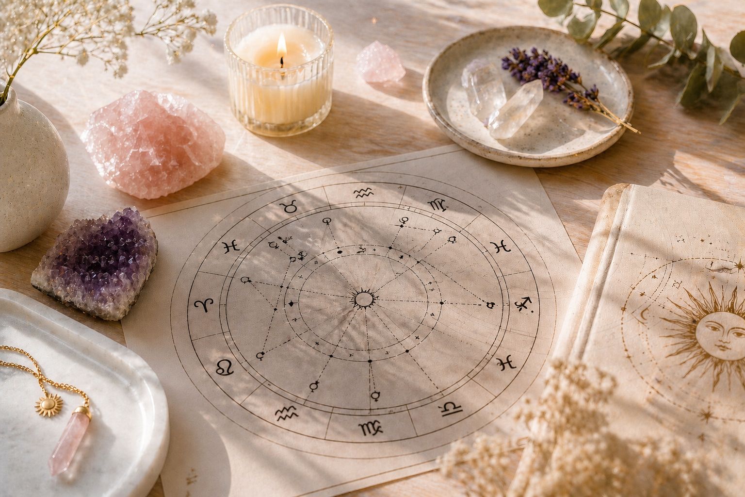 Mapa natal com cristais e vela numa mesa iluminada
